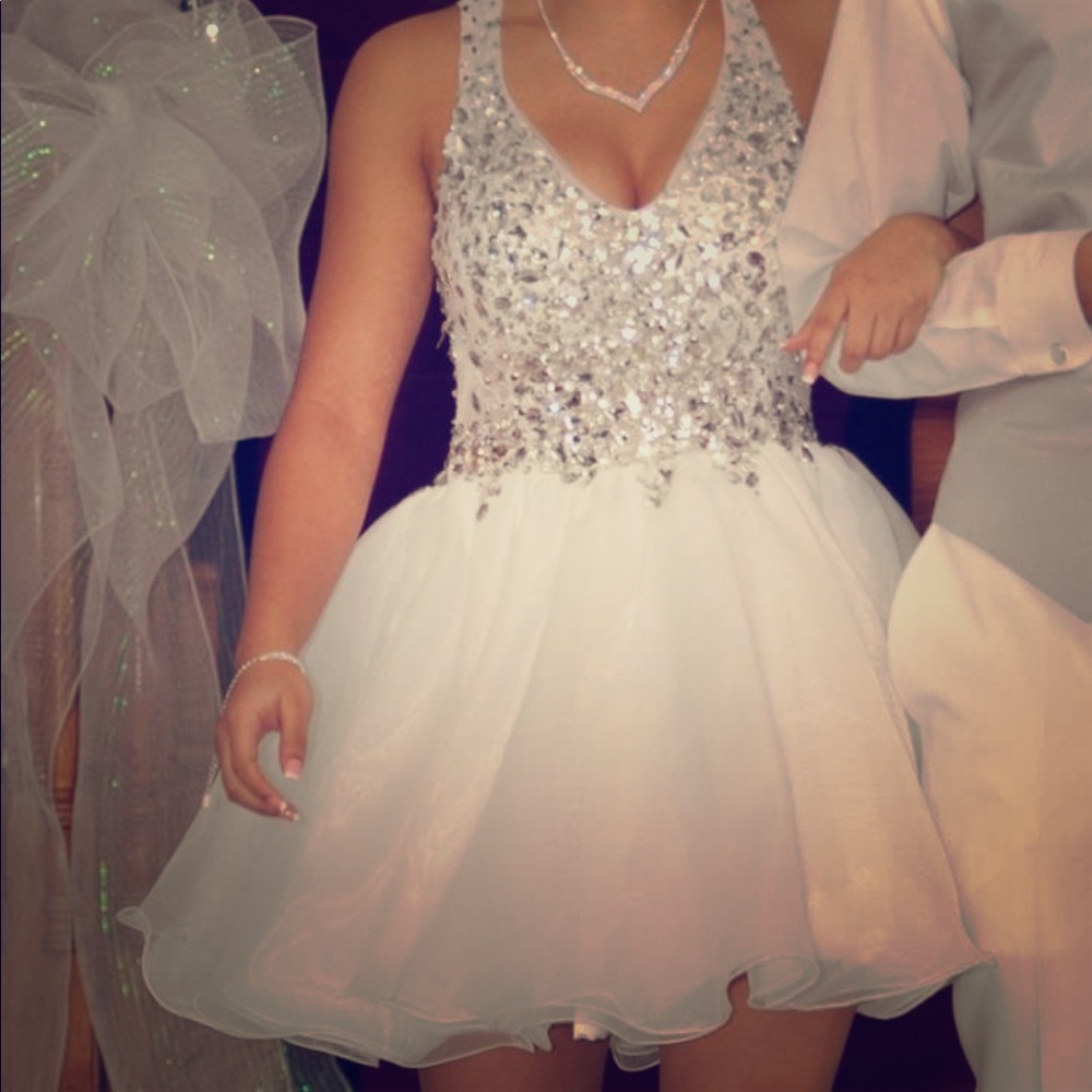 Custom white organza rhinestone part dress